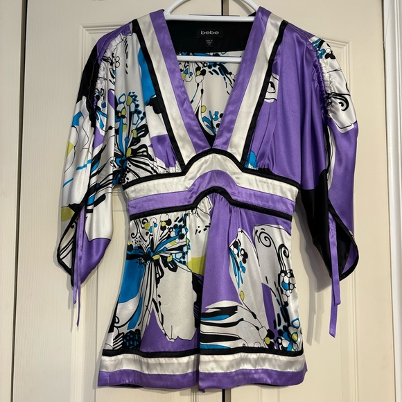 Vintage Y2k BeBe Silk Kimono Wrap Top Oriental Asian Inspired - Picture 1 of 6